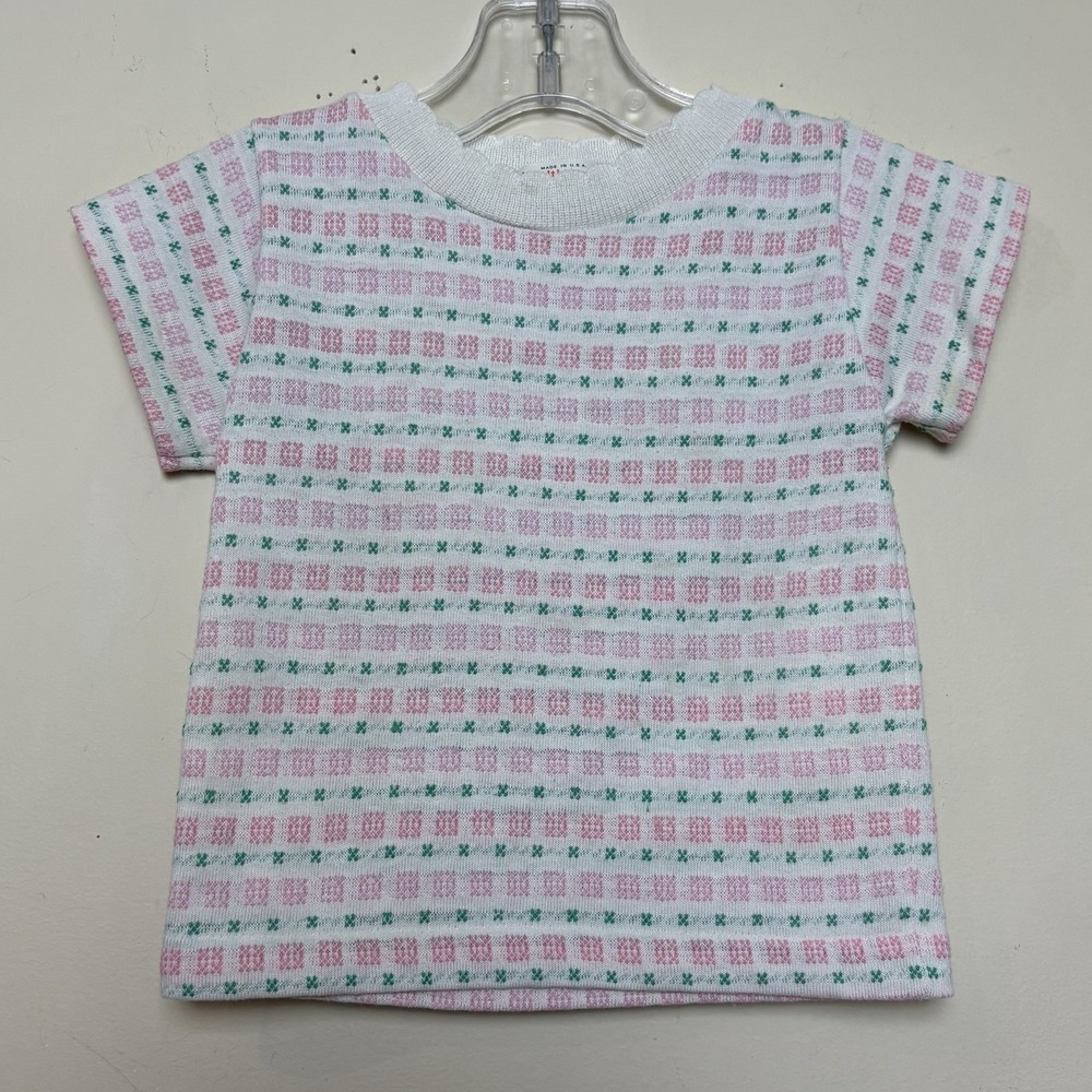 Vintage Healthtex Pink White Green Stripes Scalloped Collar 2T USA 80s